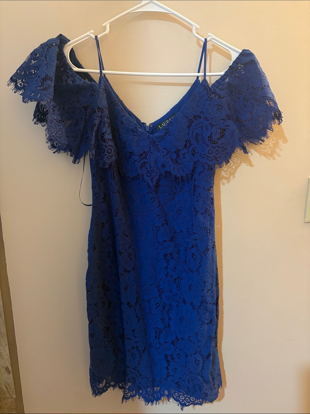 Lauren Ralph Lauren One-Shoulder Royal Blue Lace Dress with Ruffle Overlay
